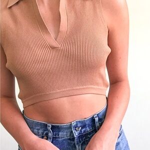 Tan Sleeveless Ribbed Knit Top